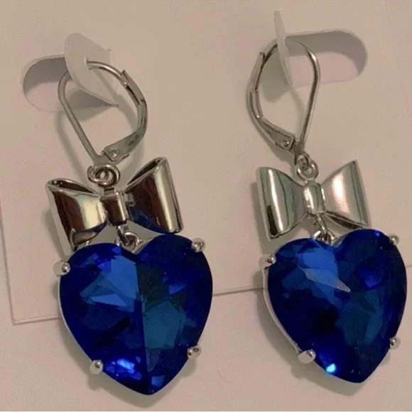 Tory Burch Silver and Blue crystal stone Heart Earrings - Picture 5 of 6